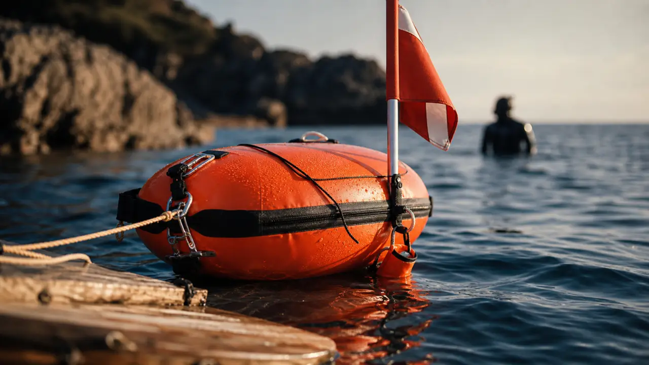 Bouée chasse sous marine orange visible, stable, grande