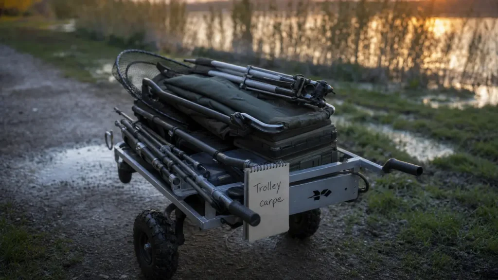 Chariot de peche carpe tout terrain au bord de l’étang au crépuscule
