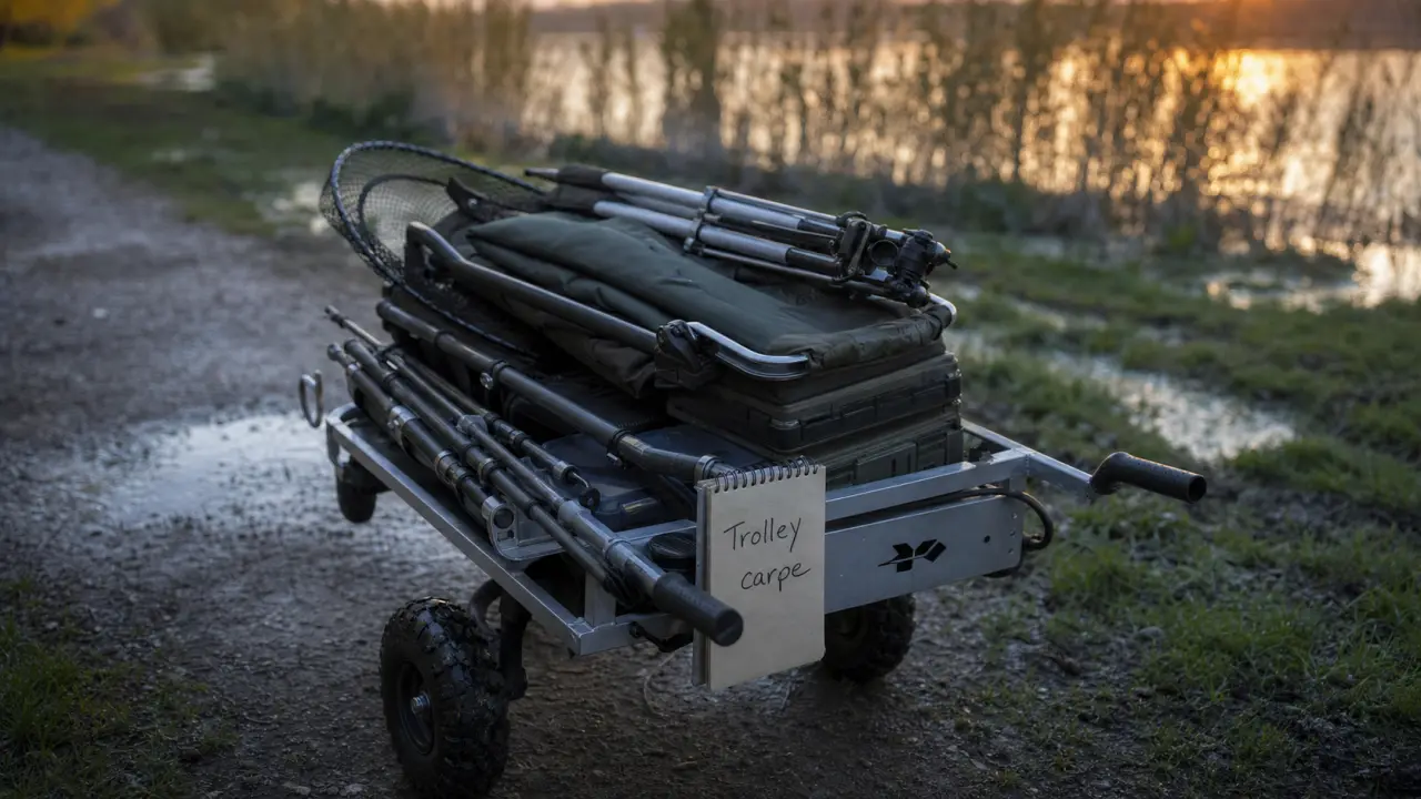 Chariot de peche carpe tout terrain au bord de l’étang au crépuscule