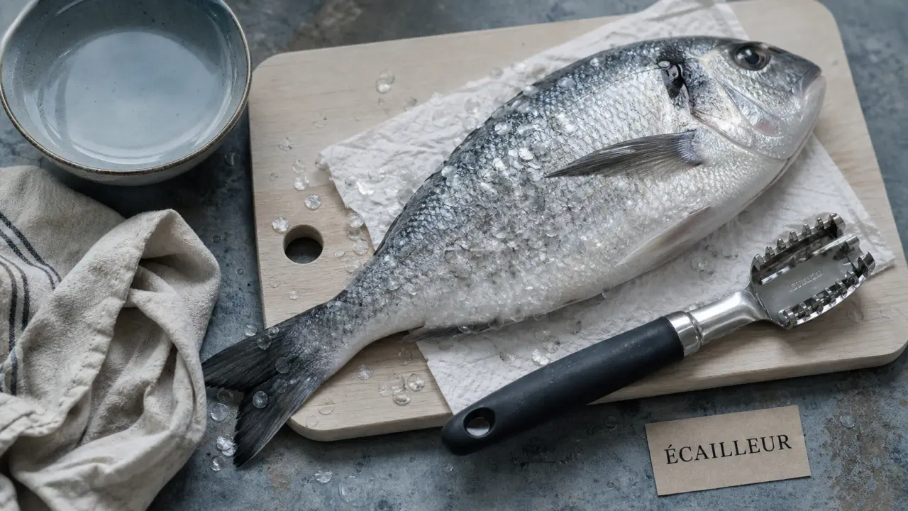 Écailleur manuel inox écaillant un poisson, écailles décollées sans abîmer la chair