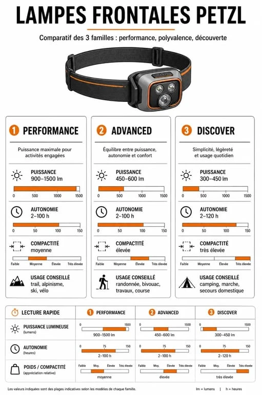 Comparatif visuel des gammes lampe frontale Petzl avec puissances, autonomies et usages