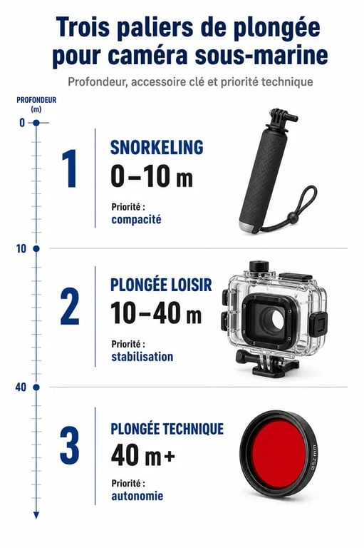 Infographie des critères de choix pour une caméra sous-marine selon la profondeur et l'usage