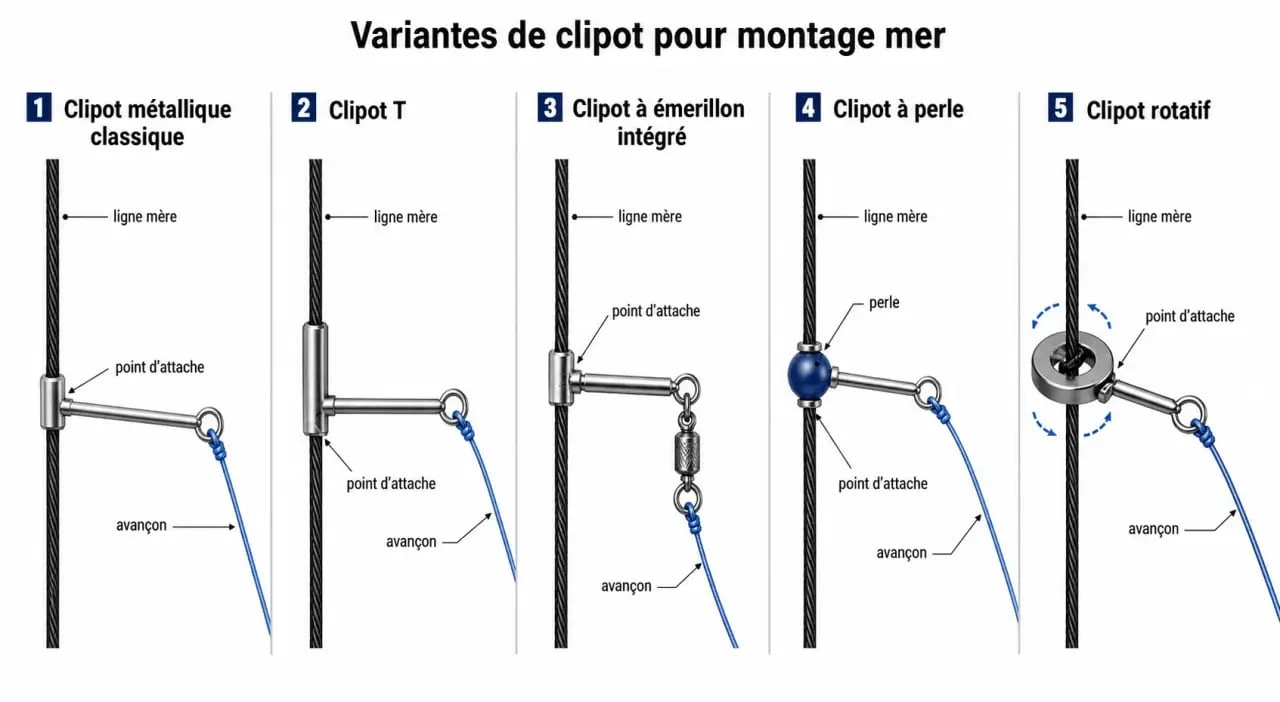 Clipot de pêche en mer : schéma des principaux types et de leur montage