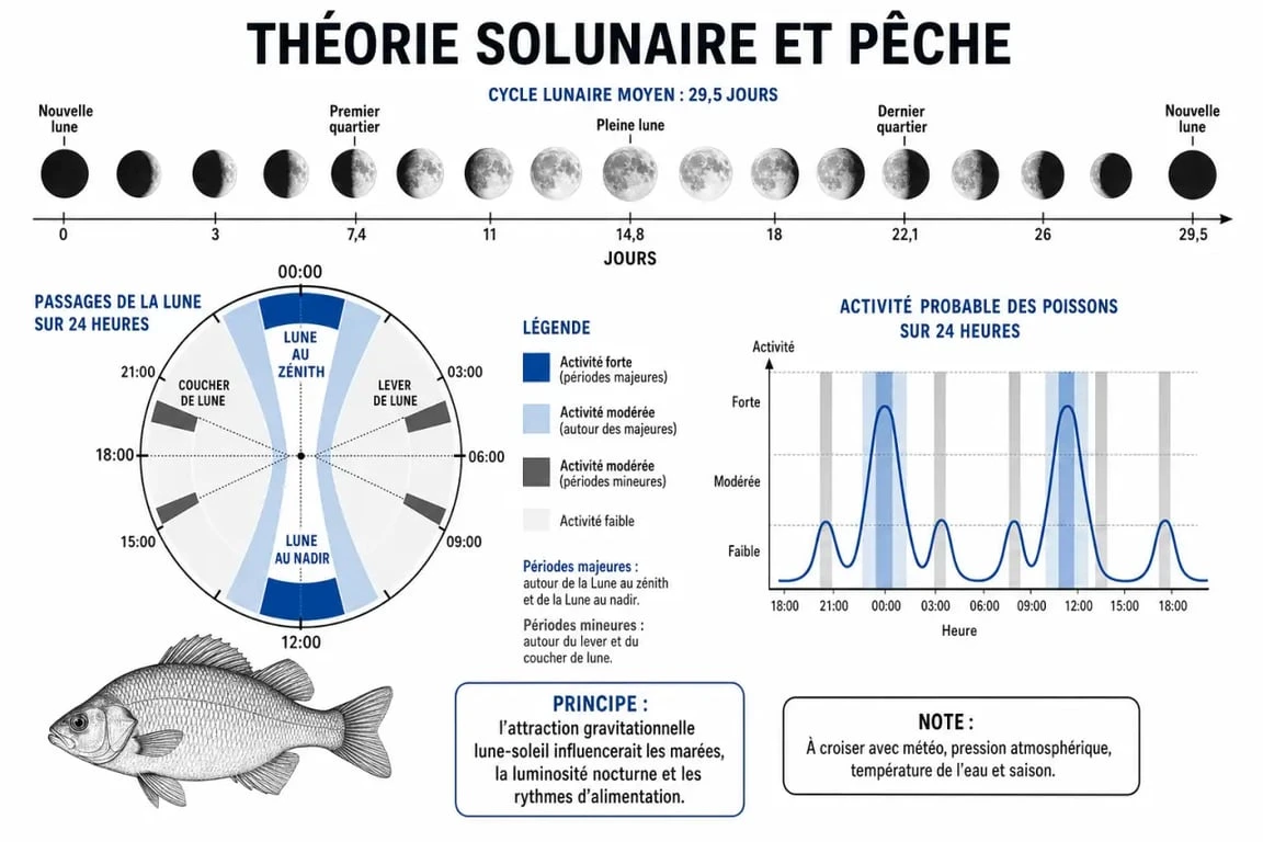 Infographie expliquant la théorie solunaire et le calendrier lune pêche pour optimiser ses sorties.