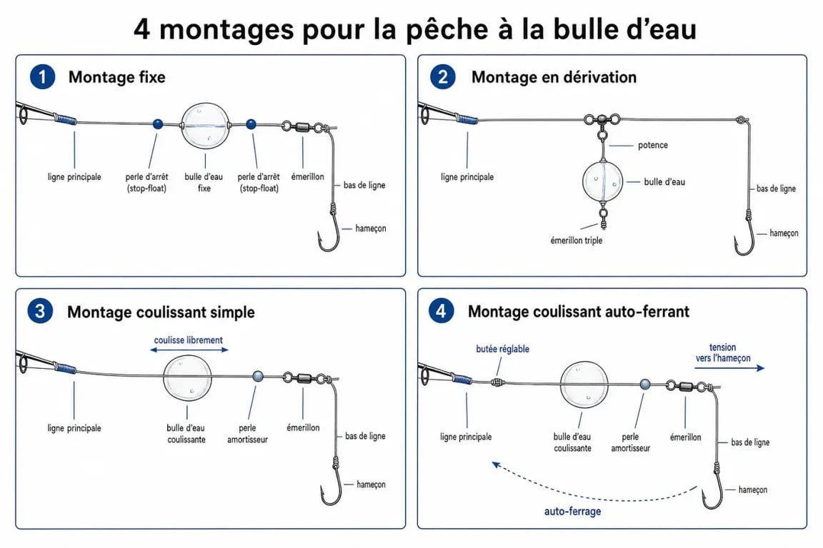 Schéma des 4 montages pour la pêche à la bulle d'eau