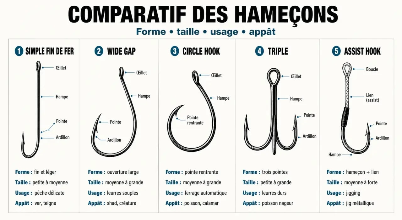 Comparatif visuel des principaux hameçon de pêche, avec formes, usages et appâts associés