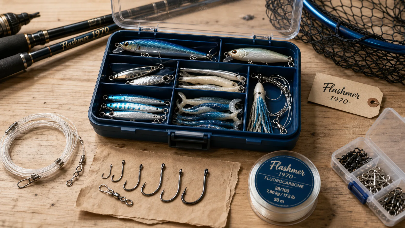 Flashmer 1970 : boîte de leurres et montages de pêche