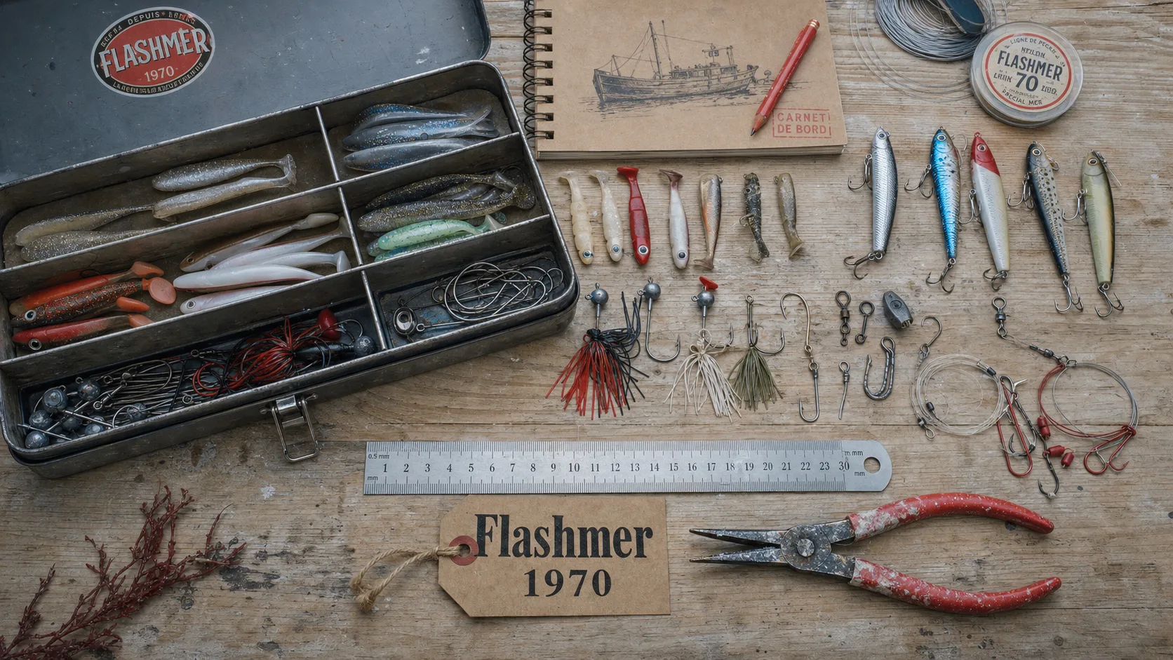 Flashmer 1970 : leurres et montages de pêche sur table