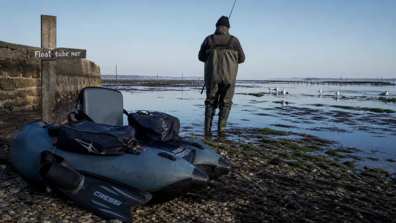 Float tube mer gris-bleu au bord de l’eau, pêcheur en waders et palmes.
