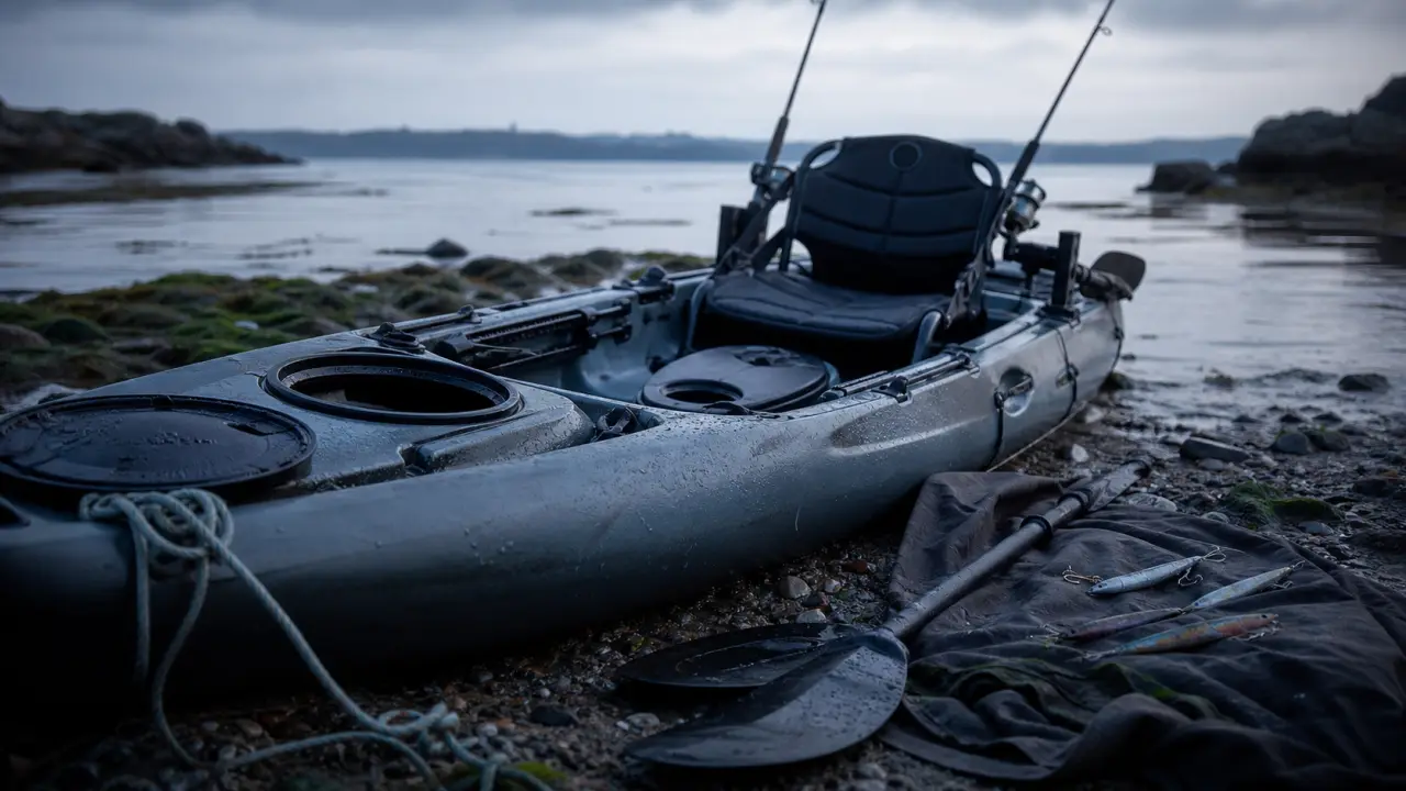 Kayak de mer peche : pagaie et gouvernail sur grève rocheuse