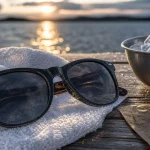 Lunettes polarisantes sur une serviette, reflets réduits sur l’eau