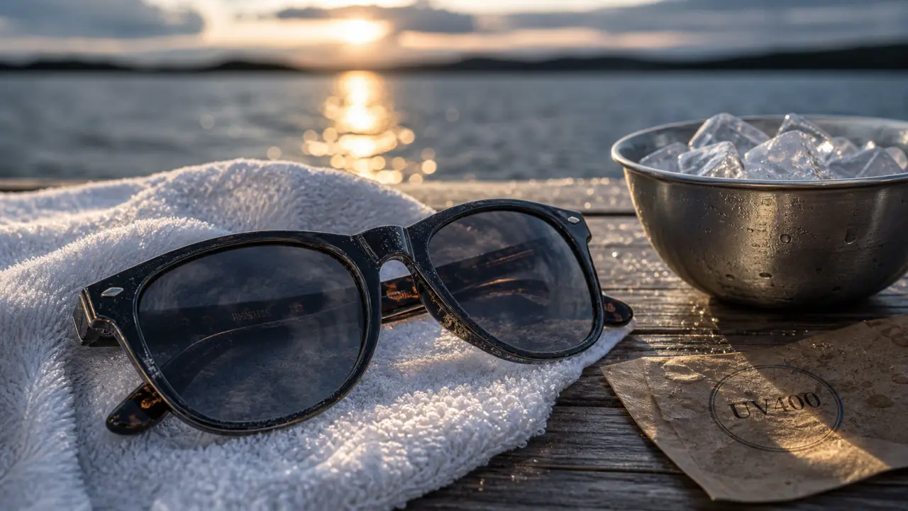 Lunettes polarisantes sur une serviette, reflets réduits sur l’eau