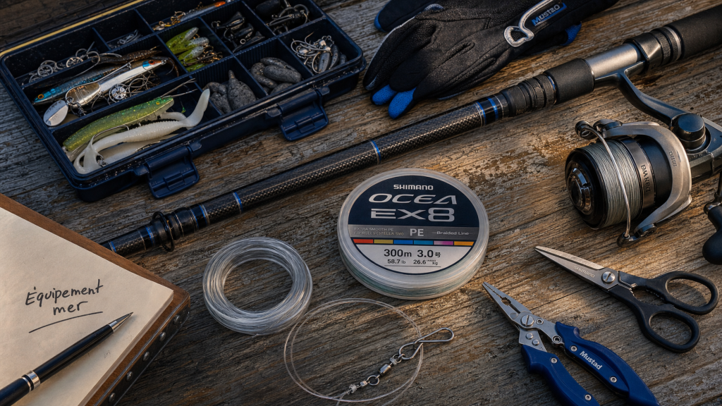 Materiel de peche en mer : canne, moulinet et ligne sur table