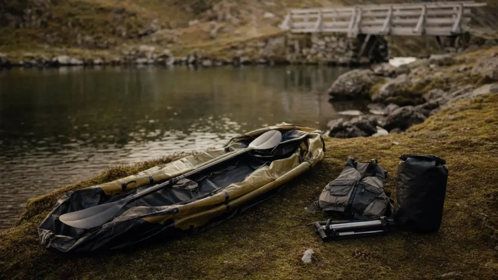 Pack raft ouvert TPU, pompe et pagaie, prêt sur eau calme