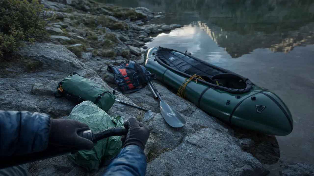 Pack raft ouvert avant la mise à l’eau, lac alpin, gilet et pagaie