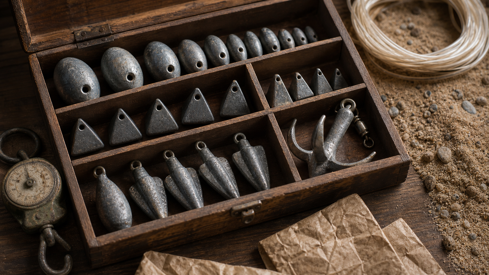 Plomb de peche en formes différentes : olive, pyramide, ancre et grappin pour pêche en courant et sur fonds