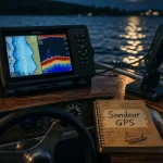 Sondeur gps bateau affichant profondeur et carte marine