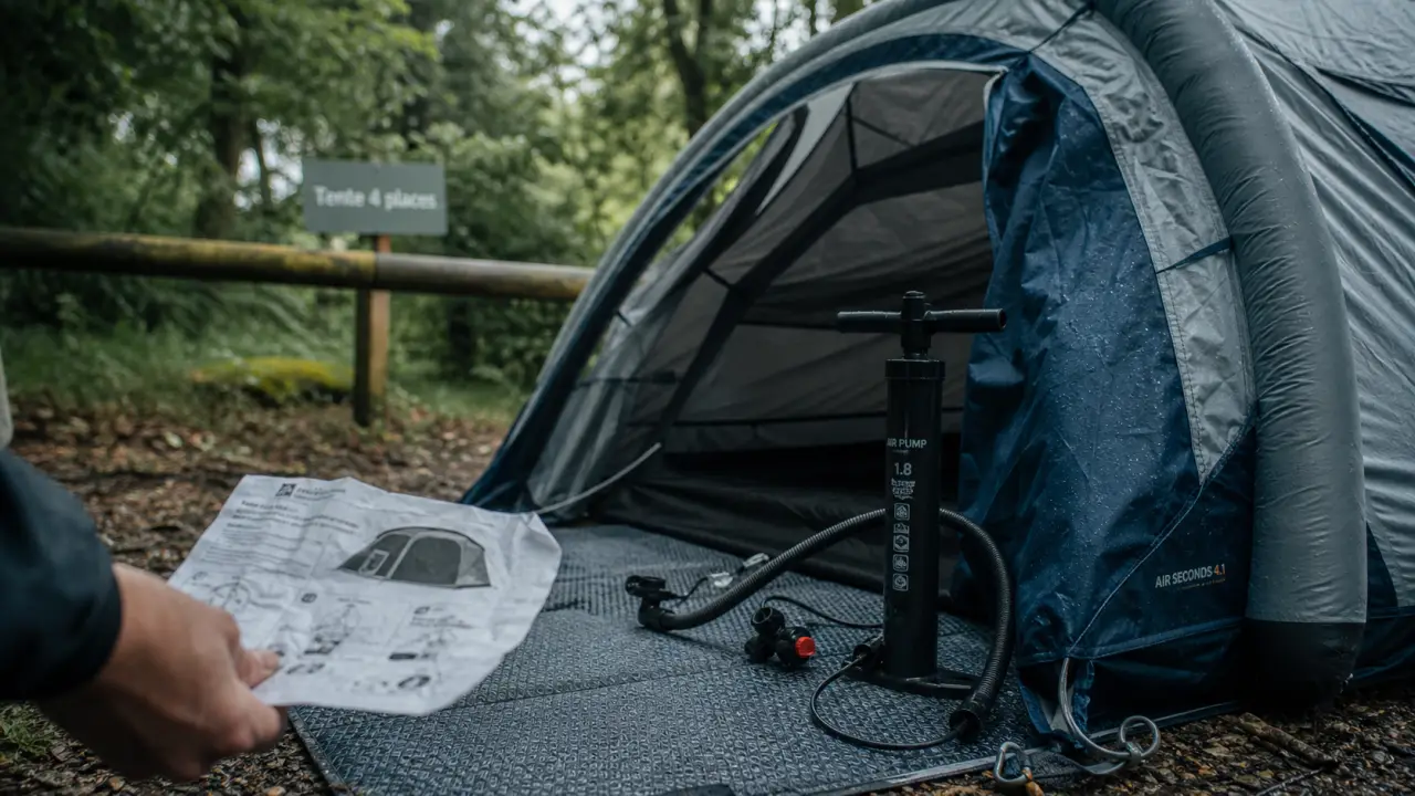 Tente gonflable 4 personnes avec pompe et valves au camping