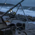 canna da surfcasting sur une jetée, moulinet et fil, embruns froids