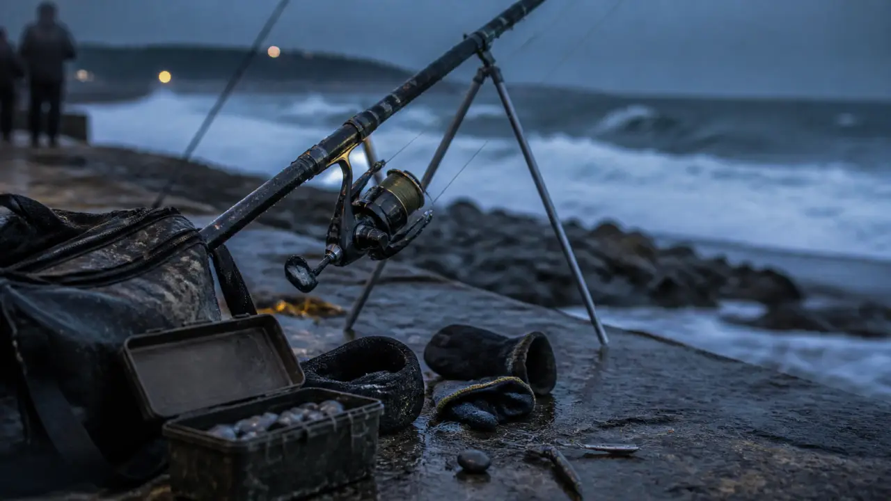 canna da surfcasting sur une jetée, moulinet et fil, embruns froids