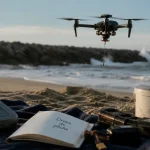 Drone de peche compact décollant près de la rive, télécommande sur la plage