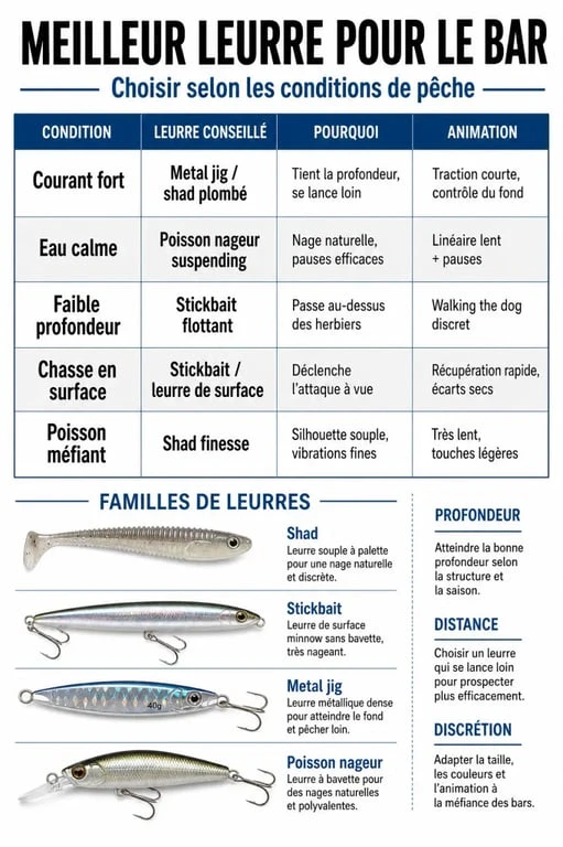 Meilleur leurre pour bar : infographie comparative des leurres selon les conditions de pêche