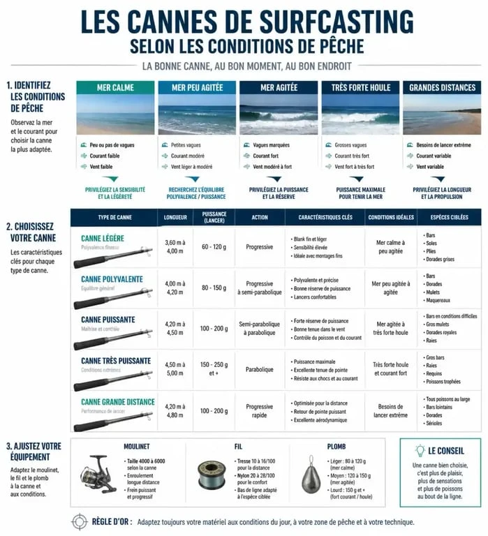 Tableau récapitulatif pour choisir sa canne de surfcasting selon les conditions de pêche