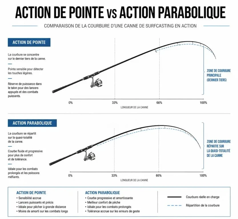 Schéma comparatif de l'action de pointe et parabolique pour une canne de surfcasting