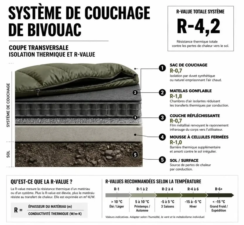 Infographie technique sur l'isolation thermique du matériel de bivouac et la R-Value