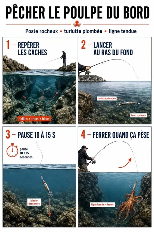 Pêcher le poulpe : visuel éditorial montrant les étapes pour lancer, attendre la pause puis ferrer au ras des roches