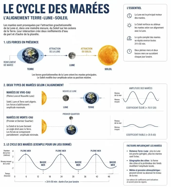 Schéma explicatif du cycle des marées et du calendrier des marées 2025