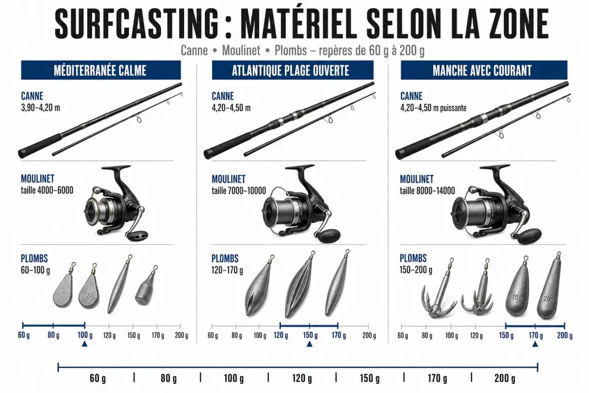 Matériel pour surfcasting comparé selon Méditerranée, Atlantique et Manche
