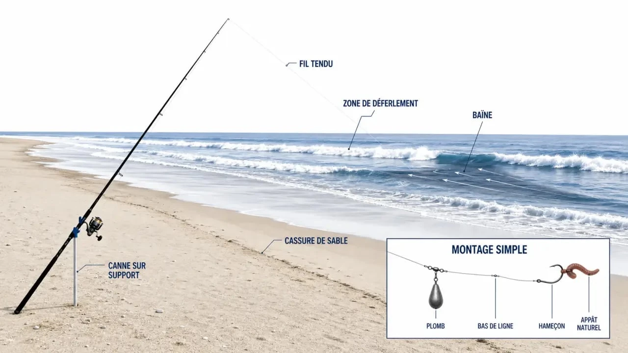 Peche en surfcasting sur plage avec montage simple, zone de déferlement et appât naturel