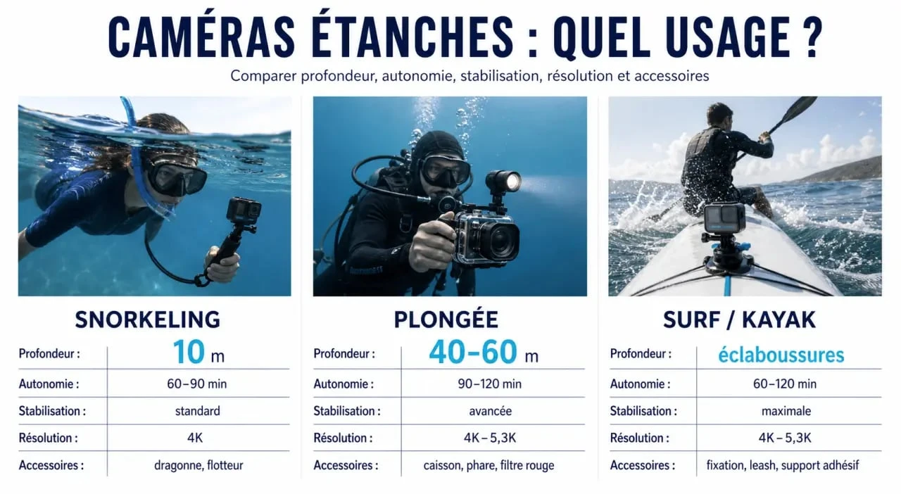 camera etanche : comparatif visuel des profondeurs, de l’autonomie, de la stabilisation et des accessoires selon l’usage
