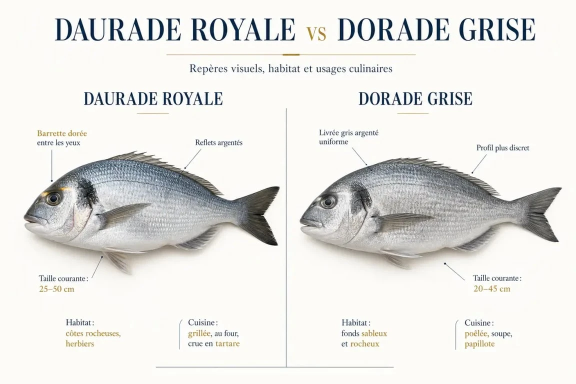 Dorade grise ou royale : visuel comparatif des signes distinctifs, de la taille et des usages culinaires
