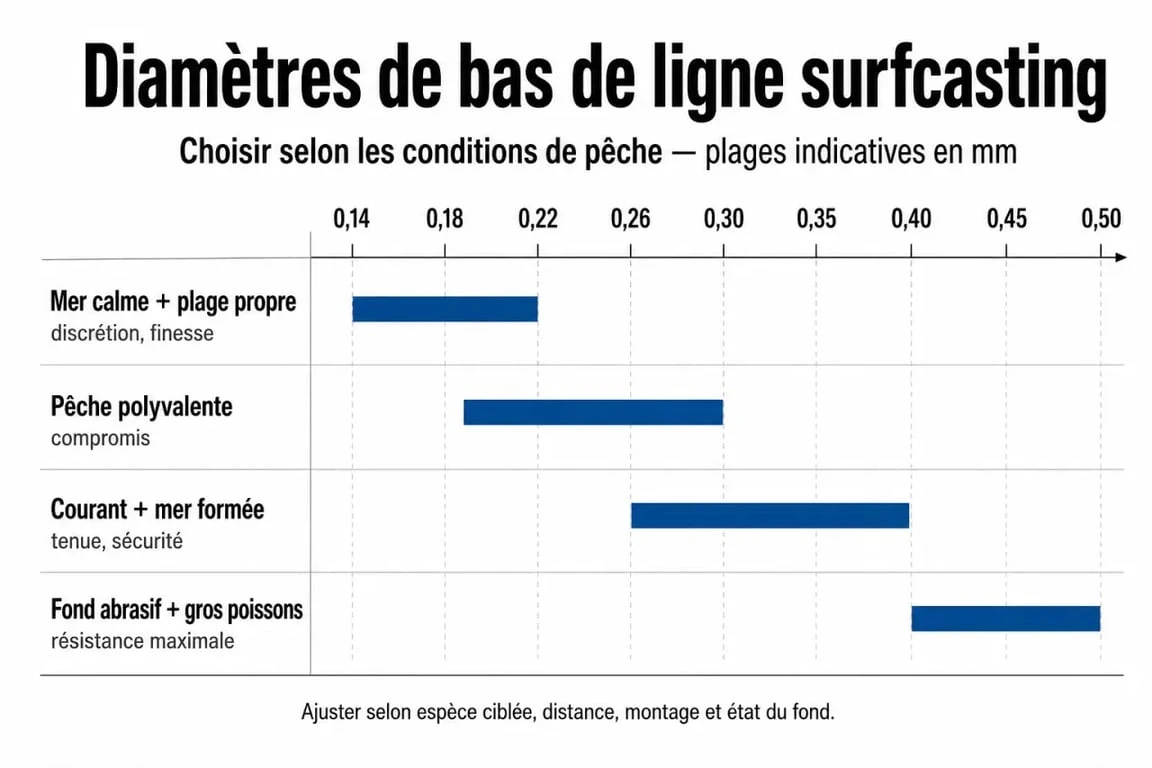 Tableau comparatif du bas de ligne surfcasting selon les conditions de pêche