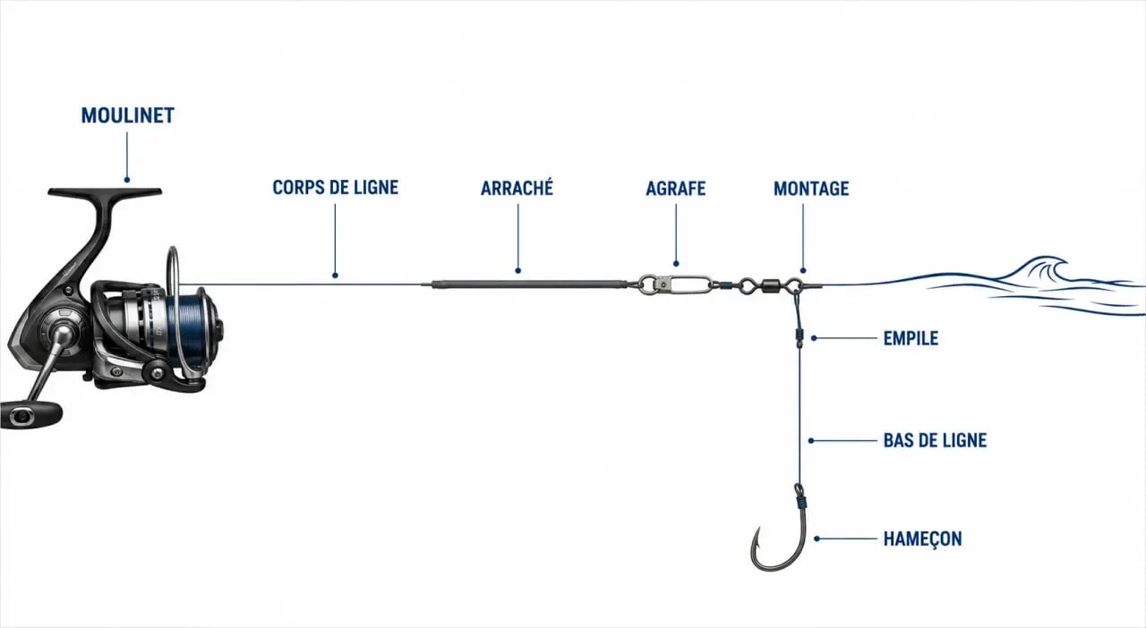 Schéma du bas de ligne surfcasting avec corps de ligne, arraché et montage complet