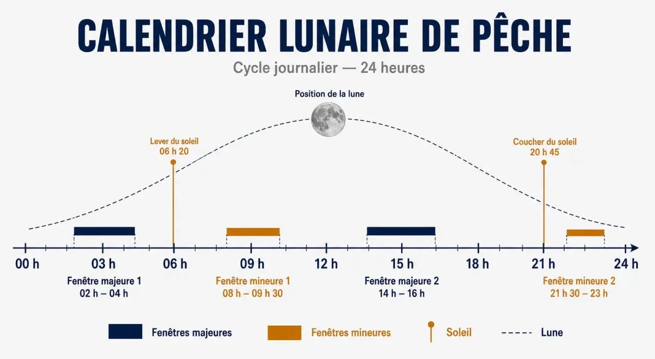 Calendrier lunaire pour peche illustrant les périodes majeures et mineures sur 24 heures