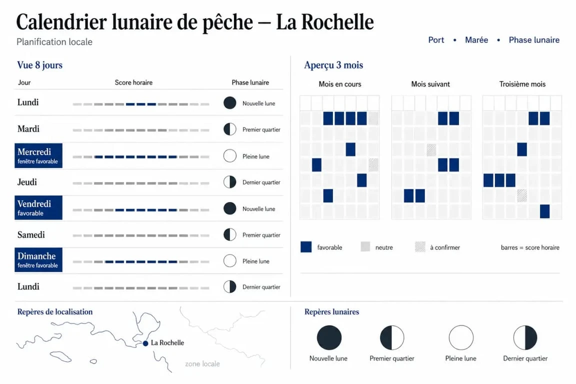 Calendrier lunaire pour peche localisé avec vue 8 jours et calendrier mensuel