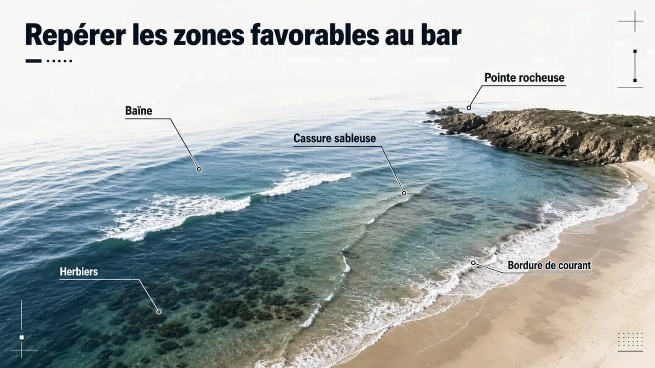 peche le bar au leurre : zones de tenue du bar sur plage, roches et courant