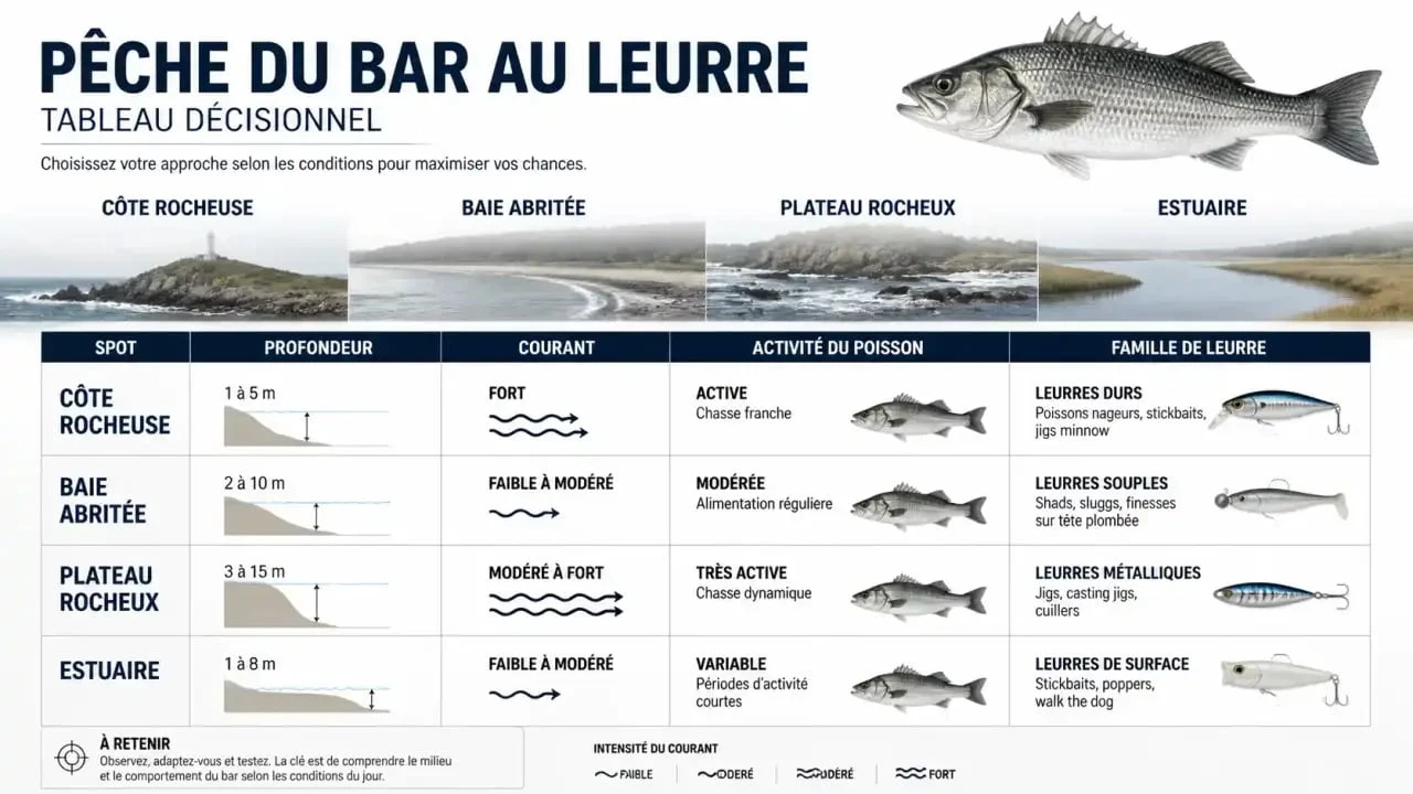 peche le bar au leurre : tableau de décision selon spot, courant et famille de leurre