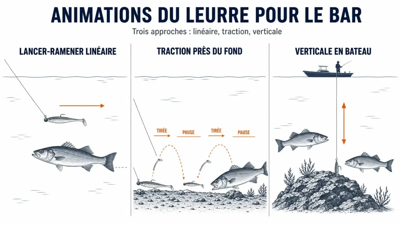 peche le bar au leurre : schéma des animations linéaire, traction et verticale