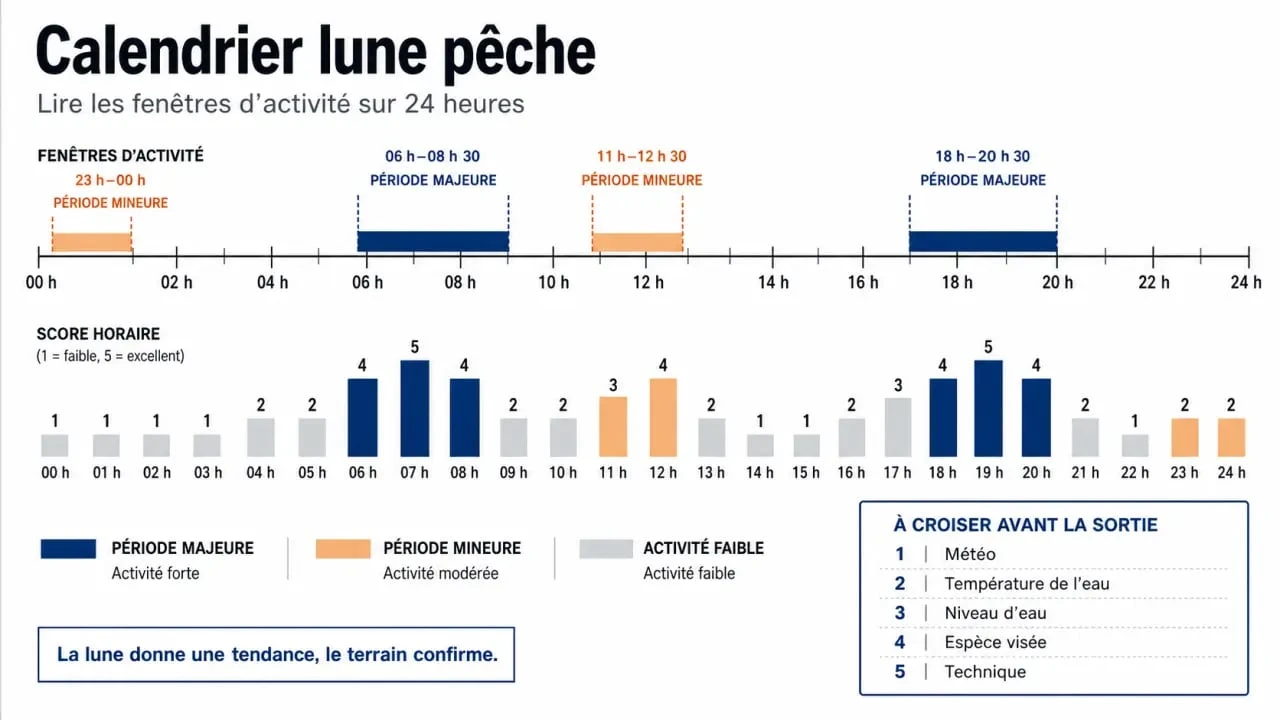 Calendrier lune peche calendrier avec périodes majeures, périodes mineures et score horaire pour préparer une sortie