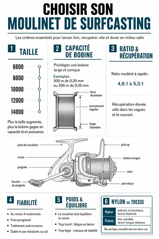 Surfcasting moulinet : infographie des critères de choix essentiels