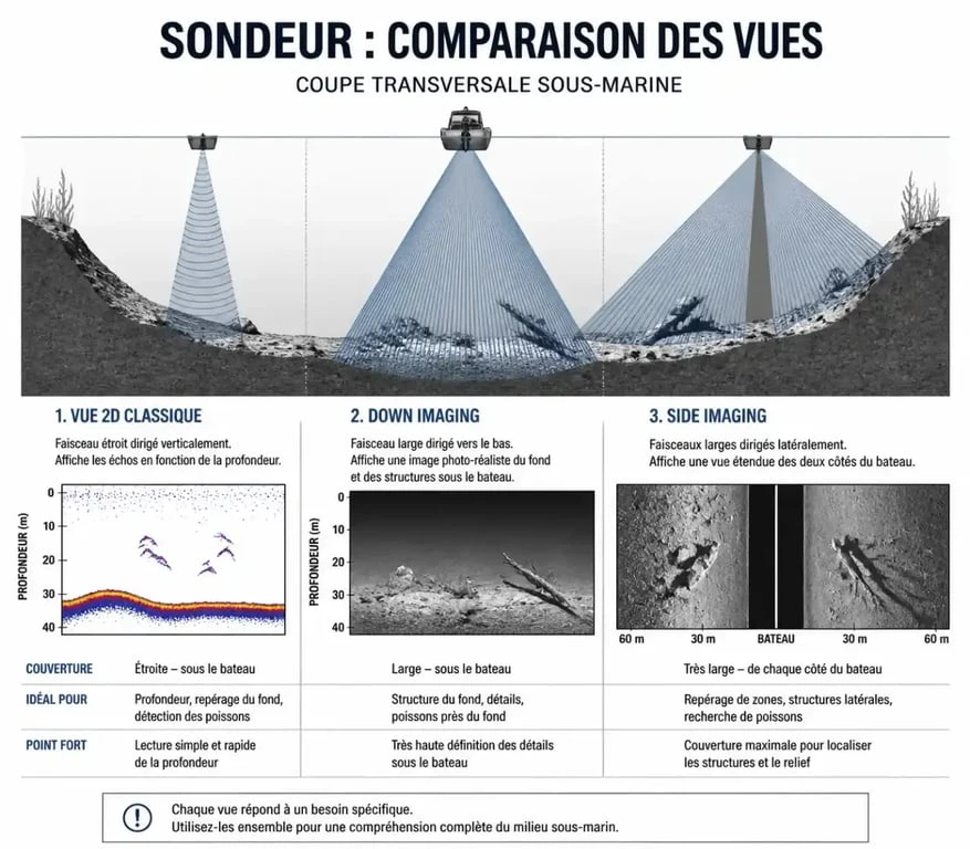 Comparaison visuelle des technologies de sondeur et GPS pour la pêche