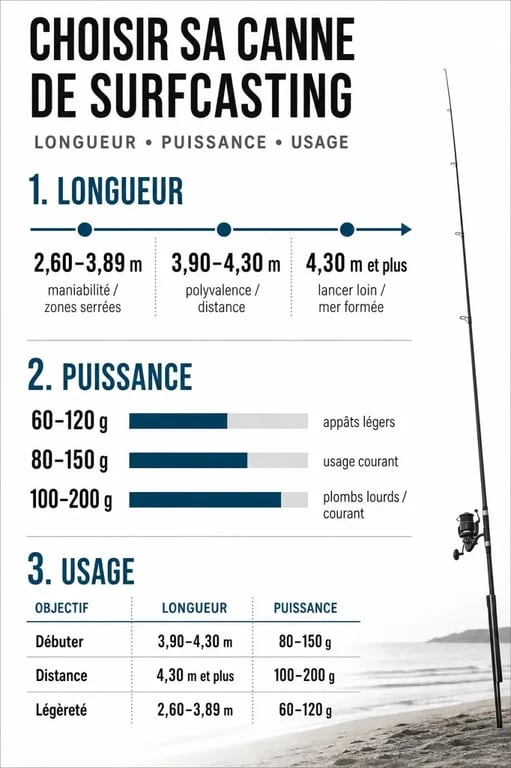 Canna da surfcasting : tableau visuel des longueurs, puissances et usages
