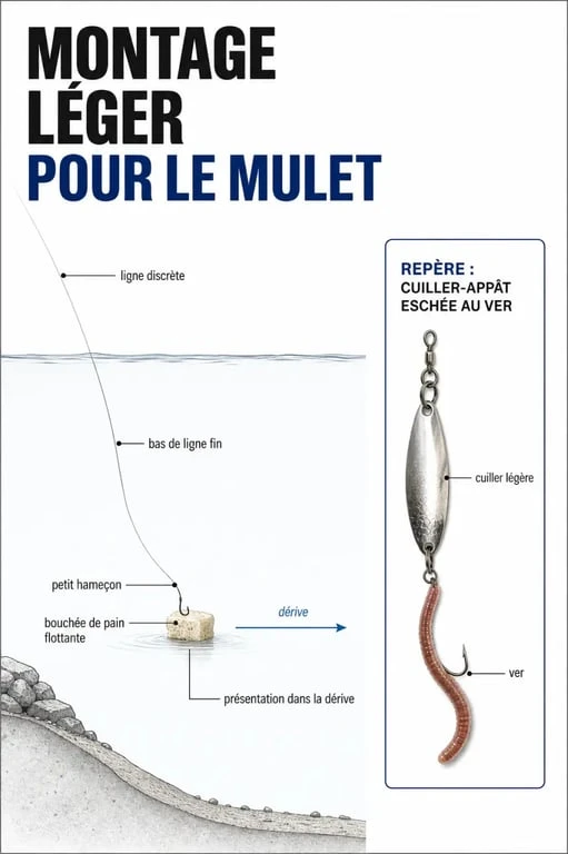 Montage léger pour pêcher le mulet avec pain flottant et cuiller-appât