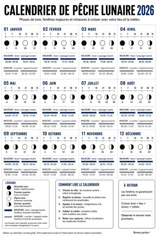 Calendrier de pêche lunaire 2026 avec phases de lune, périodes majeures et mineures pour planifier ses sorties