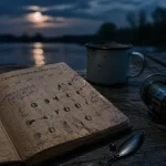 Lune peche : calendrier lunaire de pêche, carnet et canne au bord de la rivière