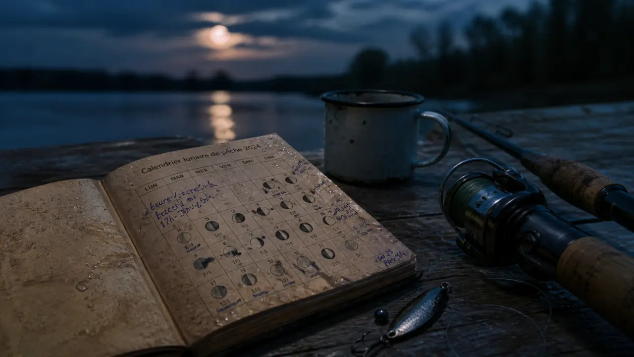 Lune peche : calendrier lunaire de pêche, carnet et canne au bord de la rivière